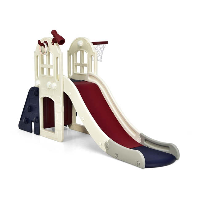 6-in-1 Large Slide for Kids, Toddler Climber Slide Playset with Basketball Hoop, Ring Toss, Freestanding for Indoor & Outdoor Use