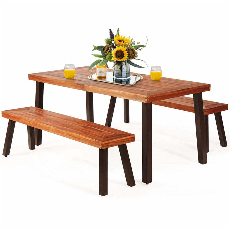 3 Piece Acacia Wood Dining Table Set, Outdoor Picnic Table with 2 Benches, Umbrella Hole & Steel Legs for Patio, Garden Backyard & Indoor Use