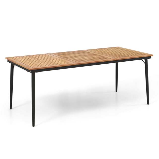79" Acacia Wood Outdoor Patio Table, 8-Person Rectangular Dining Table w/ 1.9" Umbrella Hole, Metal Frame, Adjustable Foot Pads for Poolside, Backyard