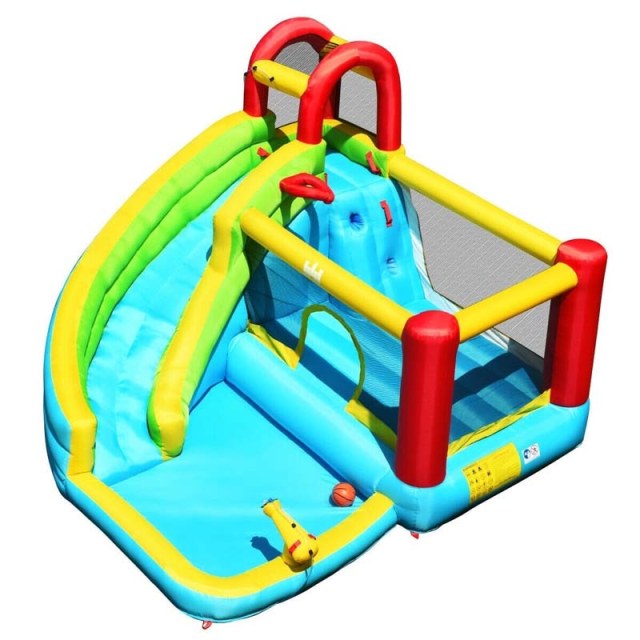 Inflatable Water Slide, 6-in-1 Bounce House Water Park with Slide, Splash Pool, Climbing Wall & Basketball Hoop for Kids, Indoor/Outdoor Backyard Fun