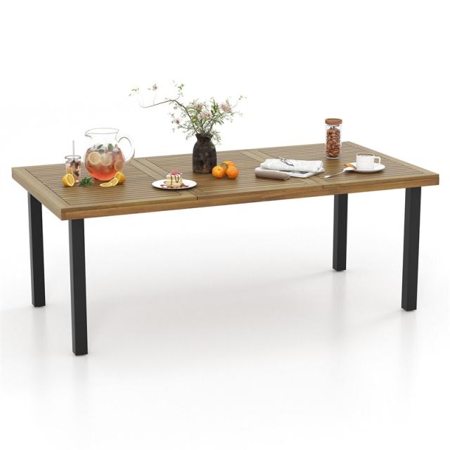79" Acacia Wood Patio Dining Table, 8-Person Rectangular Table with 1.9" Umbrella Hole, Metal Legs & Adjustable Feet for Backyard, Garden, Indoor Use