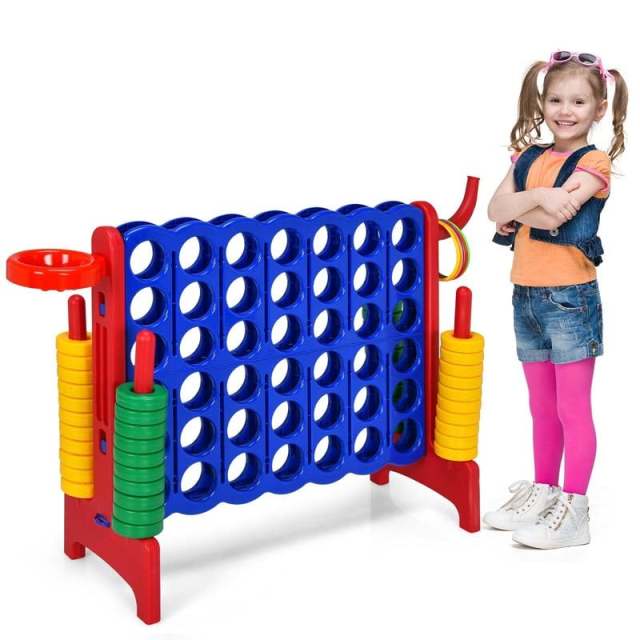 Giant 4-in-A-Row Game Set, Jumbo 4-to-Score Lawn Game with Basketball Hoop, 42 Rings, Quick-Release Slider for Kids & Adults, Indoors Outdoors