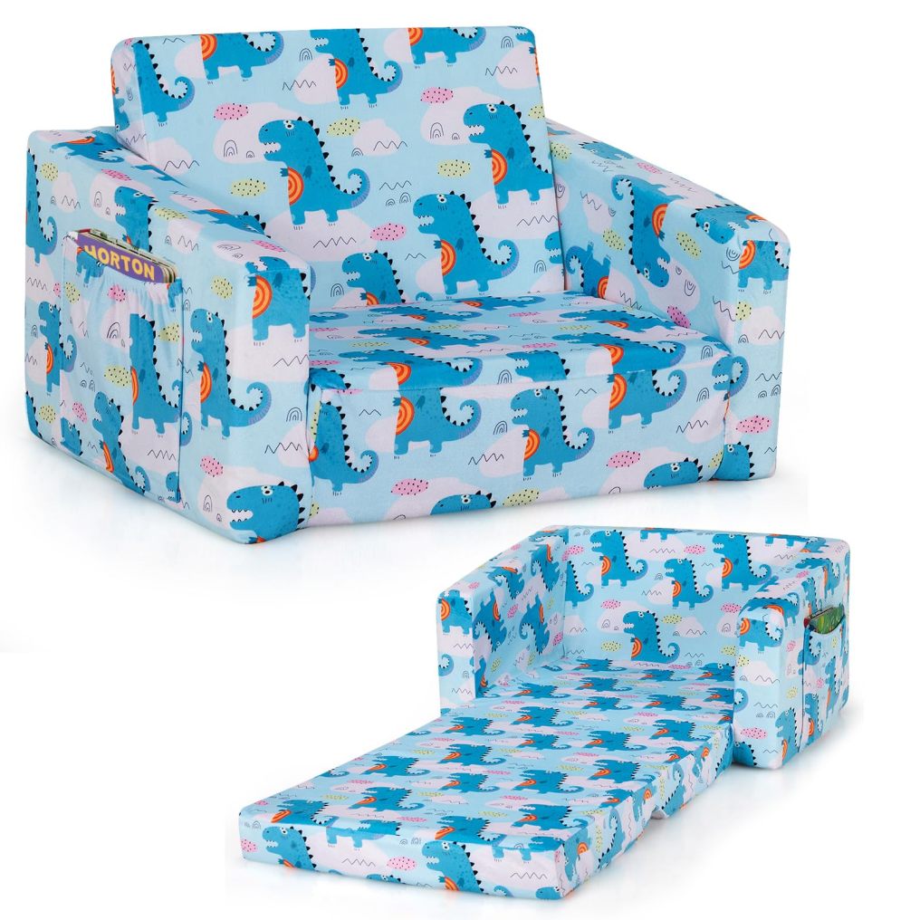 2-in-1 Convertible Sofa to Lounger for Children with Side Storage Pocket Lightweight Toddler Furniture for Boys Girls