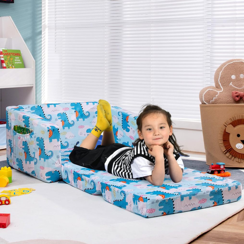2-in-1 Convertible Sofa to Lounger for Children with Side Storage Pocket Lightweight Toddler Furniture for Boys Girls