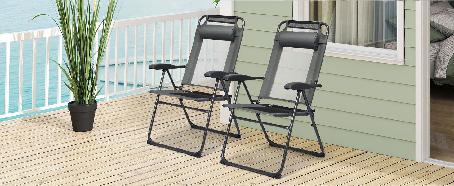 2 Pieces Patio Adjustable Folding Recliner Chairs with 7 Level Adjustable Backrest