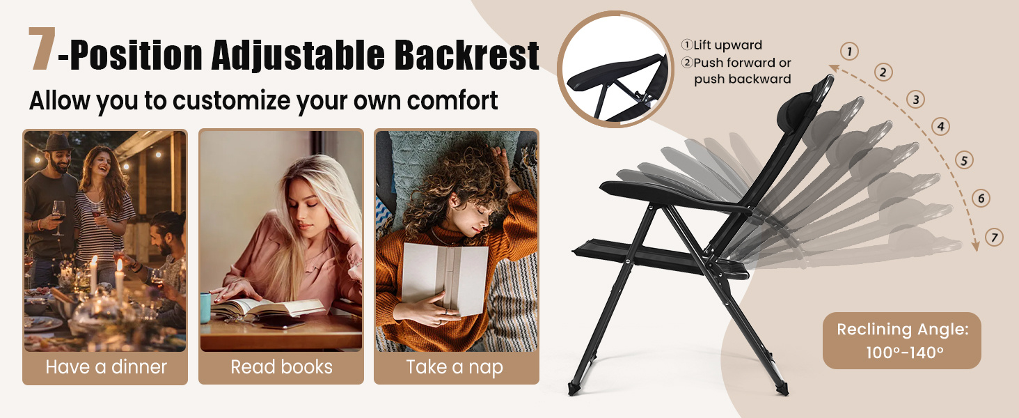 2 Pieces Patio Adjustable Folding Recliner Chairs with 7 Level Adjustable Backrest