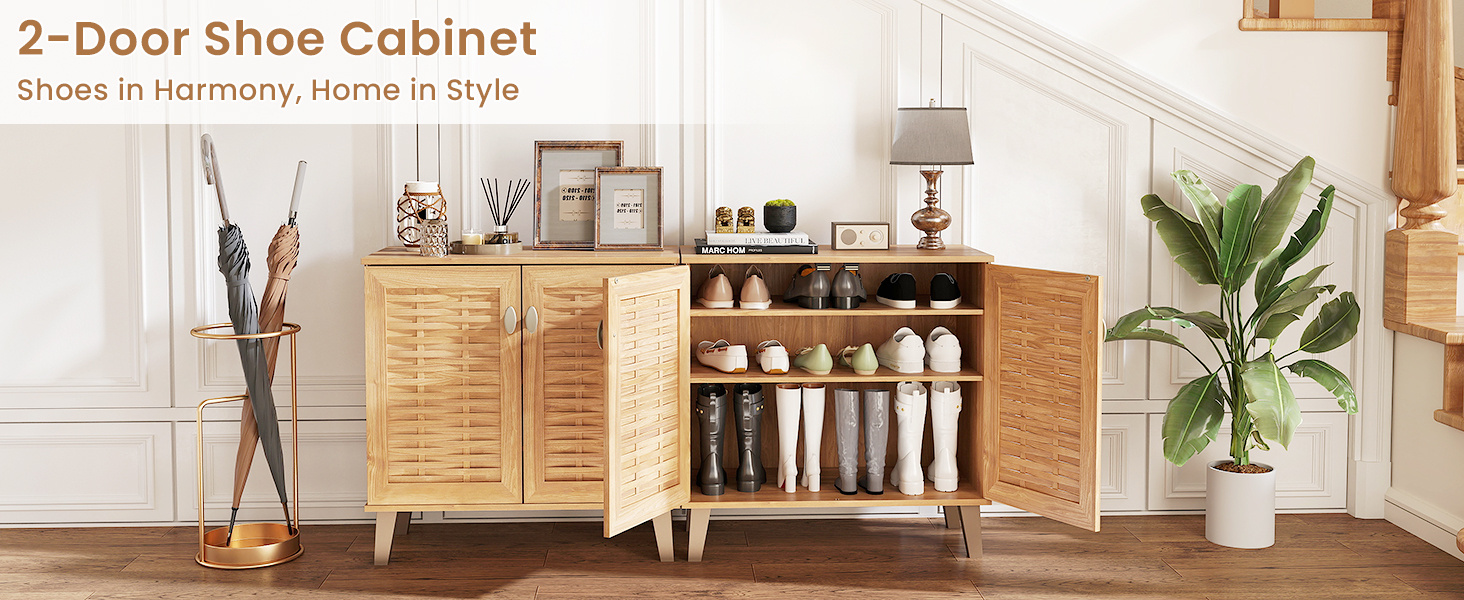 2-Door 4-Tier Shoe Cabinet Storage Organizer with Ventilated Woven Doors