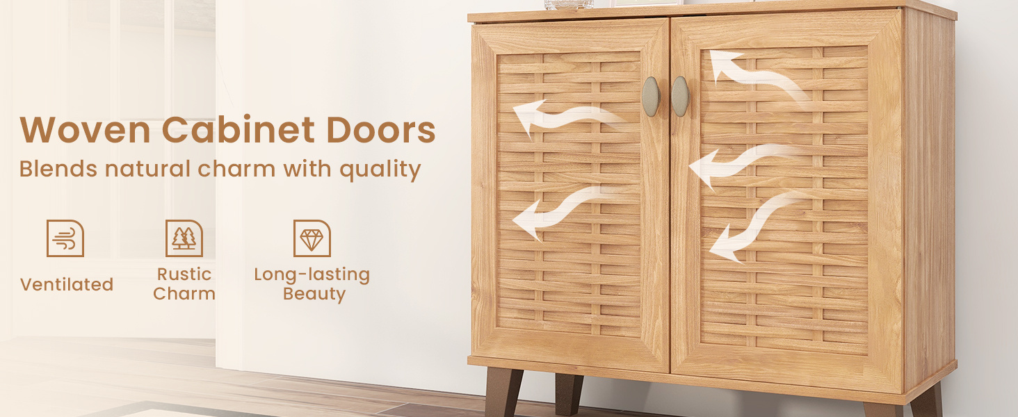 2-Door 4-Tier Shoe Cabinet Storage Organizer with Ventilated Woven Doors