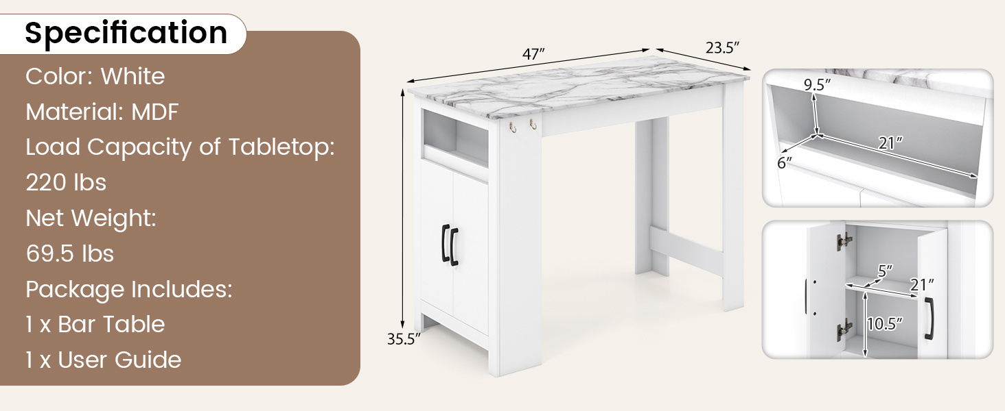 Bar Table Faux Marble Pub Table with 7 Hanging Hooks Compartment
