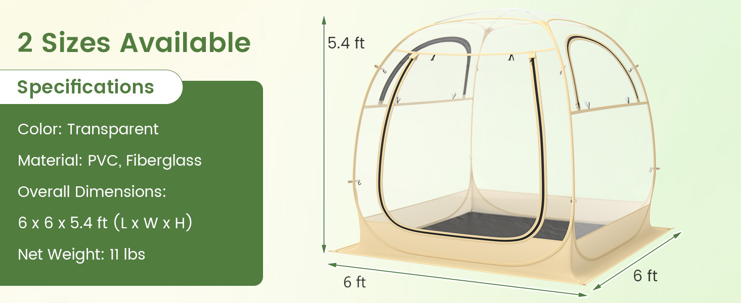 Transparent pop-up sports tent with waterproof floor mat, measuring 6 x 6 x 5.4 ft, ideal for outdoor activities.