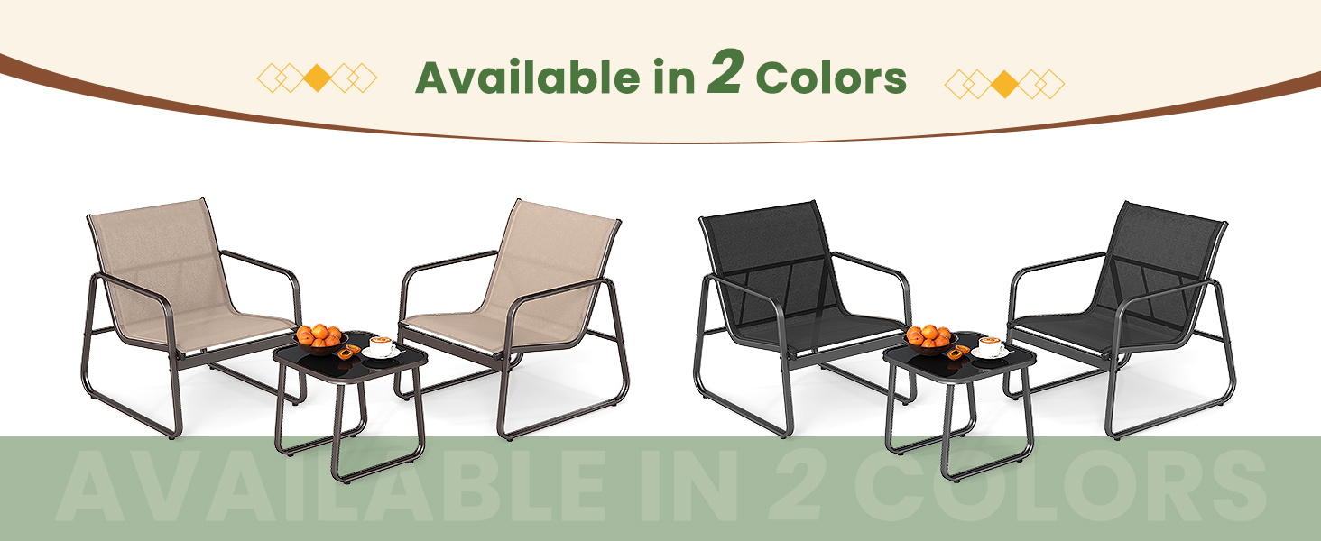 3 Pieces Patio Conversation Set with Breathable Fabric and Tempered Glass Tabletop