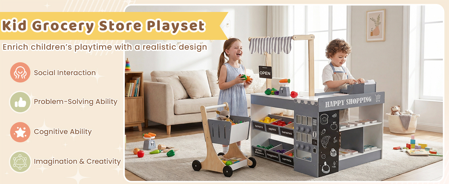 Kids grocery store playset with shopping cart, featuring a checkout counter, scanner, and organized display for.