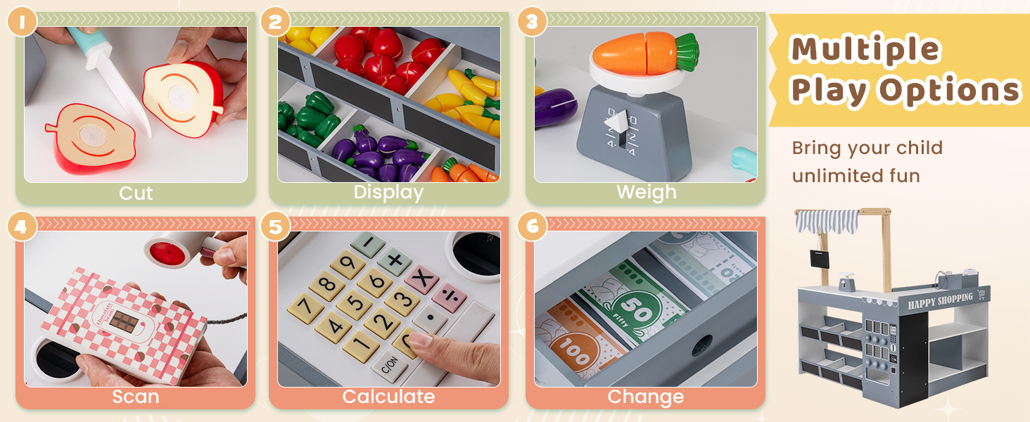 Kids grocery store playset with shopping cart, checkout counter, and accessories for imaginative role play and learning.