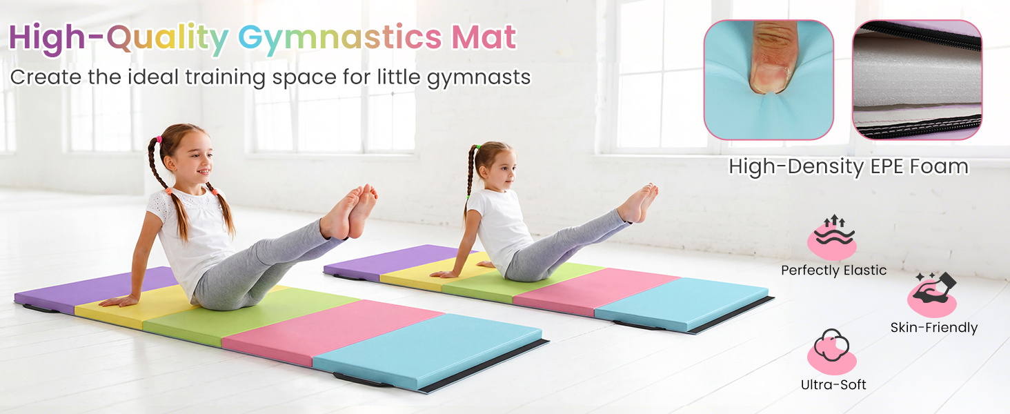Colorful tri-folding gymnastics mat made of waterproof PU leather and thick EPE foam, perfect for kids' training.