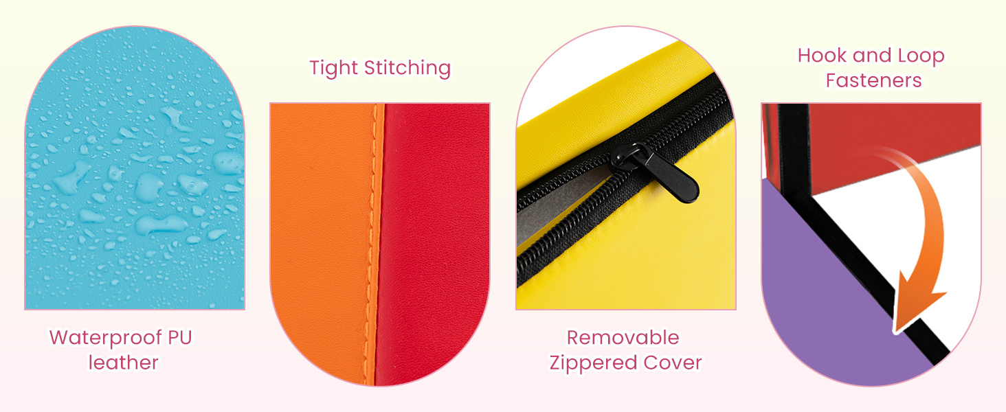 Close-up of waterproof PU leather on a tri-folding gymnastics mat, featuring tight stitching and removable zippered.