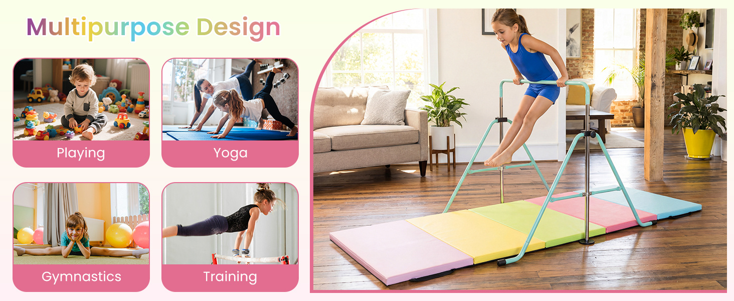 Colorful tri-folding gymnastics tumbling mat with waterproof PU leather, ideal for yoga and training, shown in use.