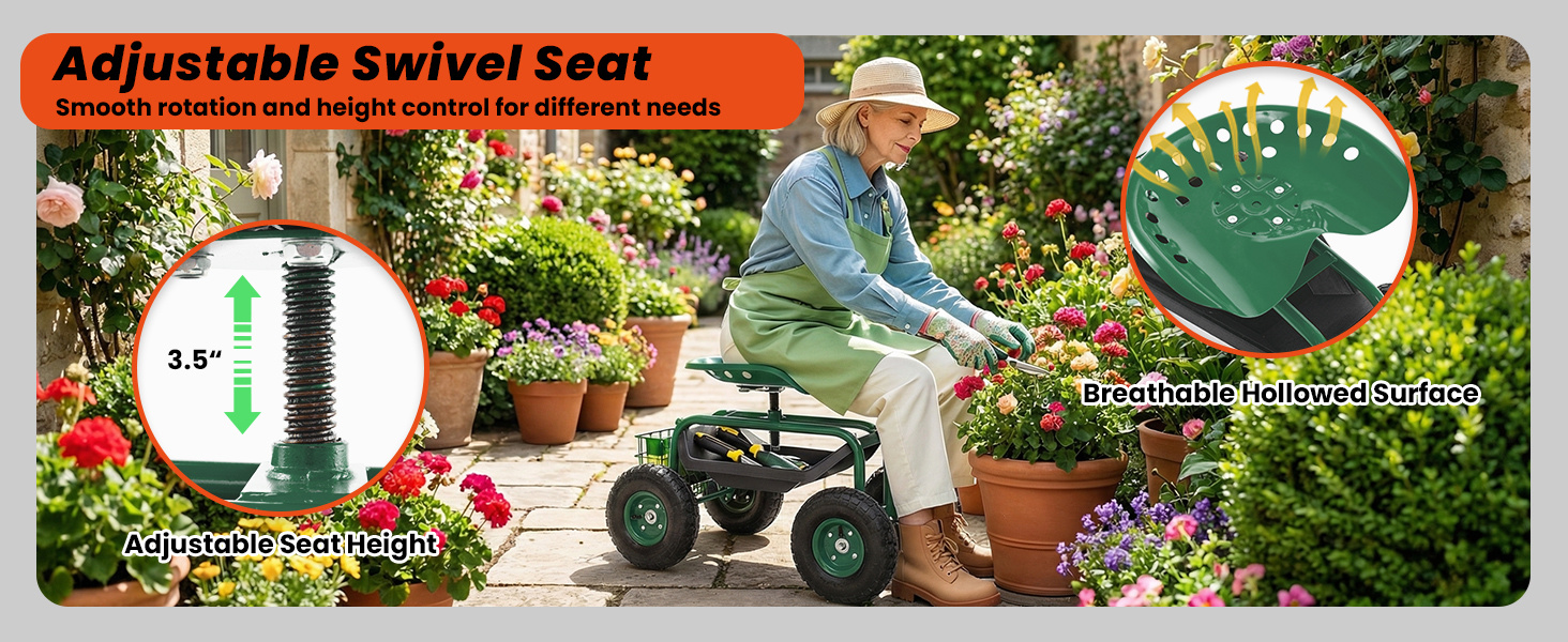 4-Wheel Rolling Garden Cart Work Seat