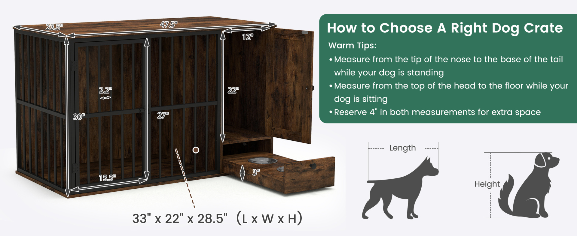 47.5-inch dog crate furniture with hidden pull-out bowls, ideal for small and medium dogs, doubles as an end table.