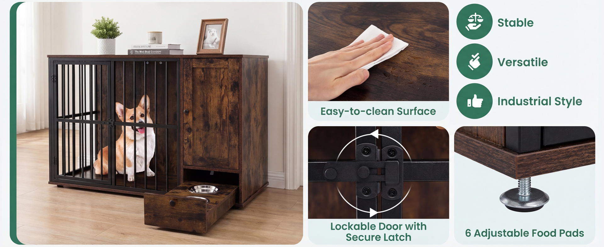 Dog crate furniture with lockable door, hidden pull-out bowls, and rustic design for small and medium dogs.