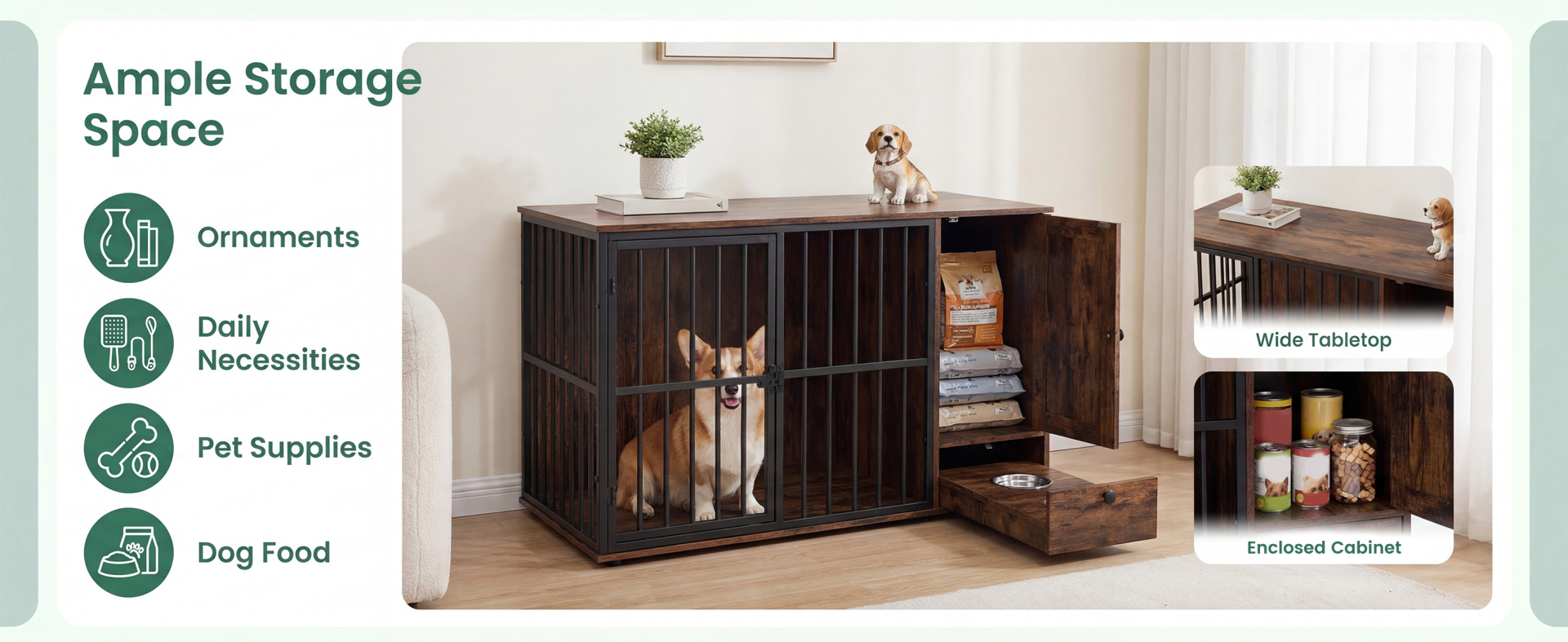 47.5 inch dog crate furniture with hidden pull-out bowls, ideal for small and medium dogs, featuring ample storage.