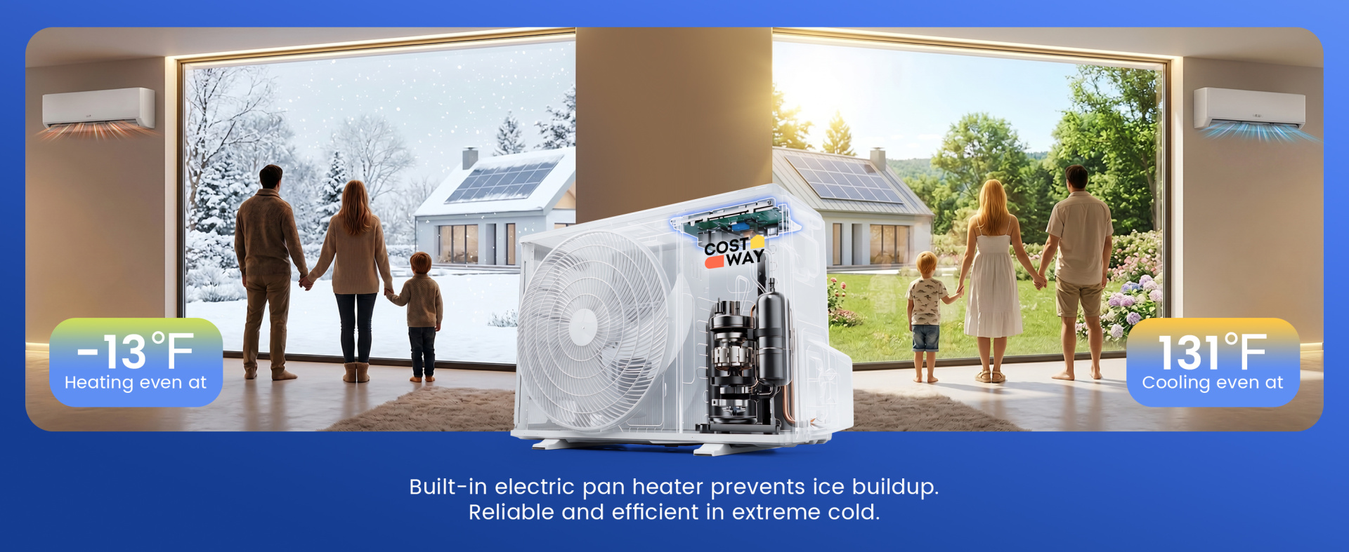 X-Pro 27000 BTU mini split AC with heat pump, showcasing dual-zone cooling and heating, energy-efficient design, and.