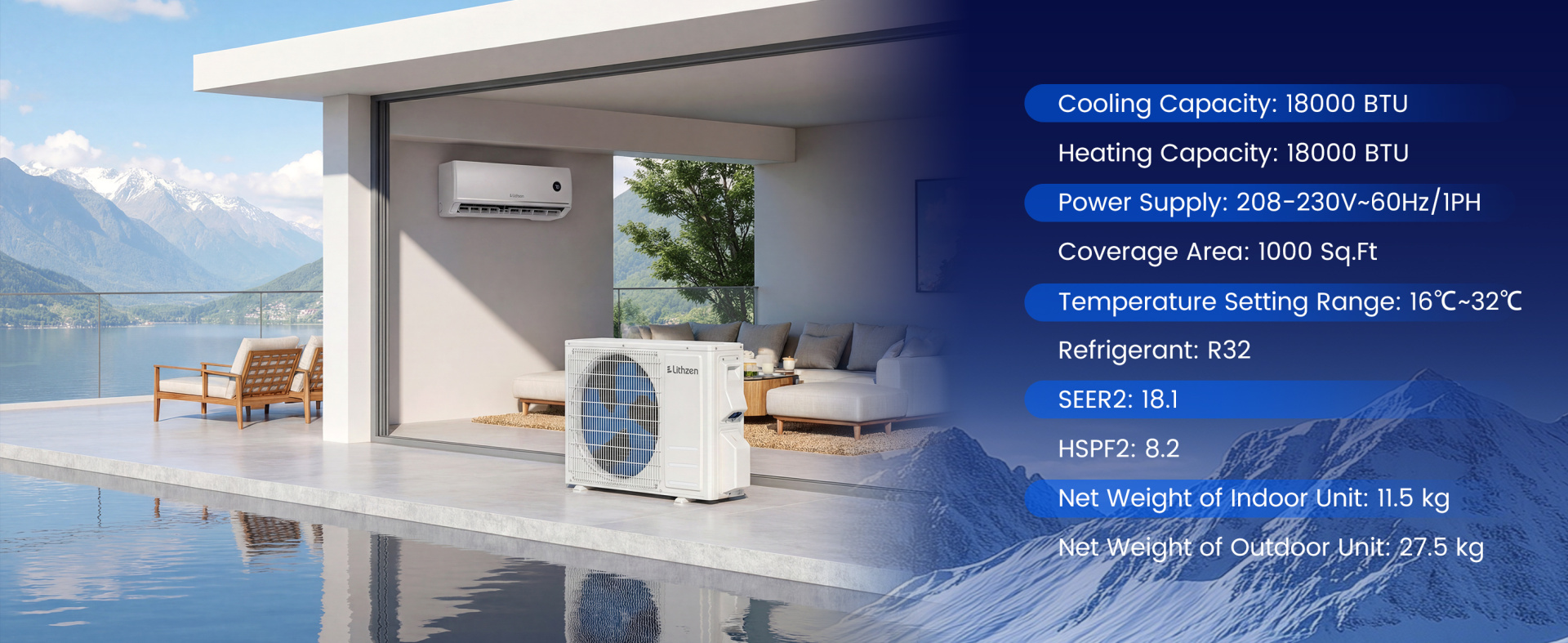 18000 BTU 18.1 SEER2 208/230V Mini Split Air Conditioner Works with Alexa