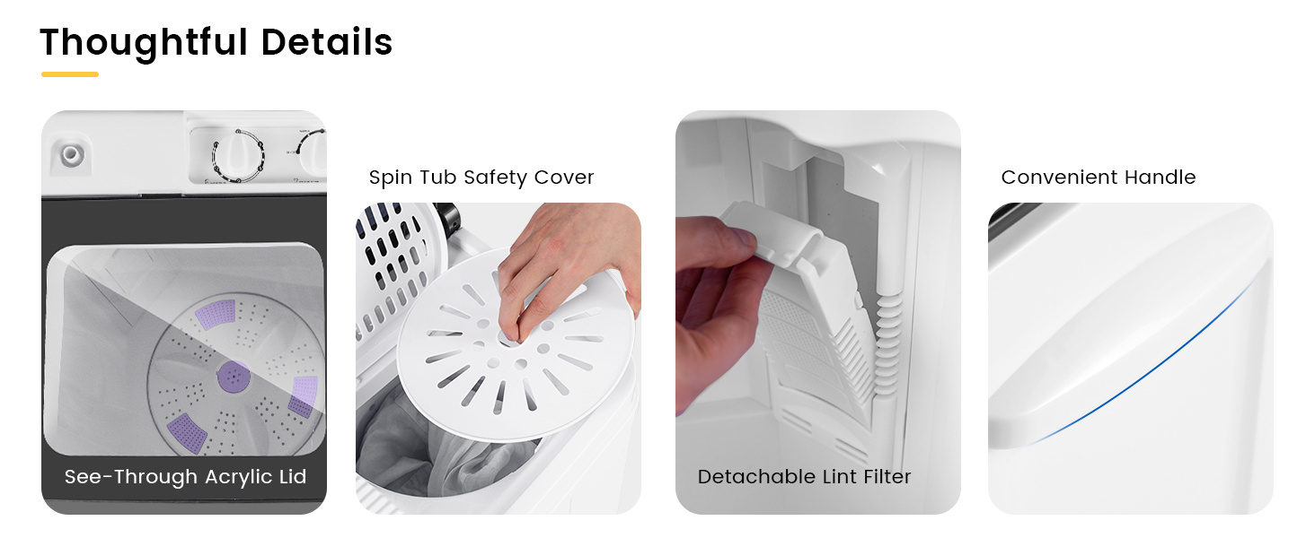 Thoughtful features include a safety cover, carry handle, clear lid, and lint filter.