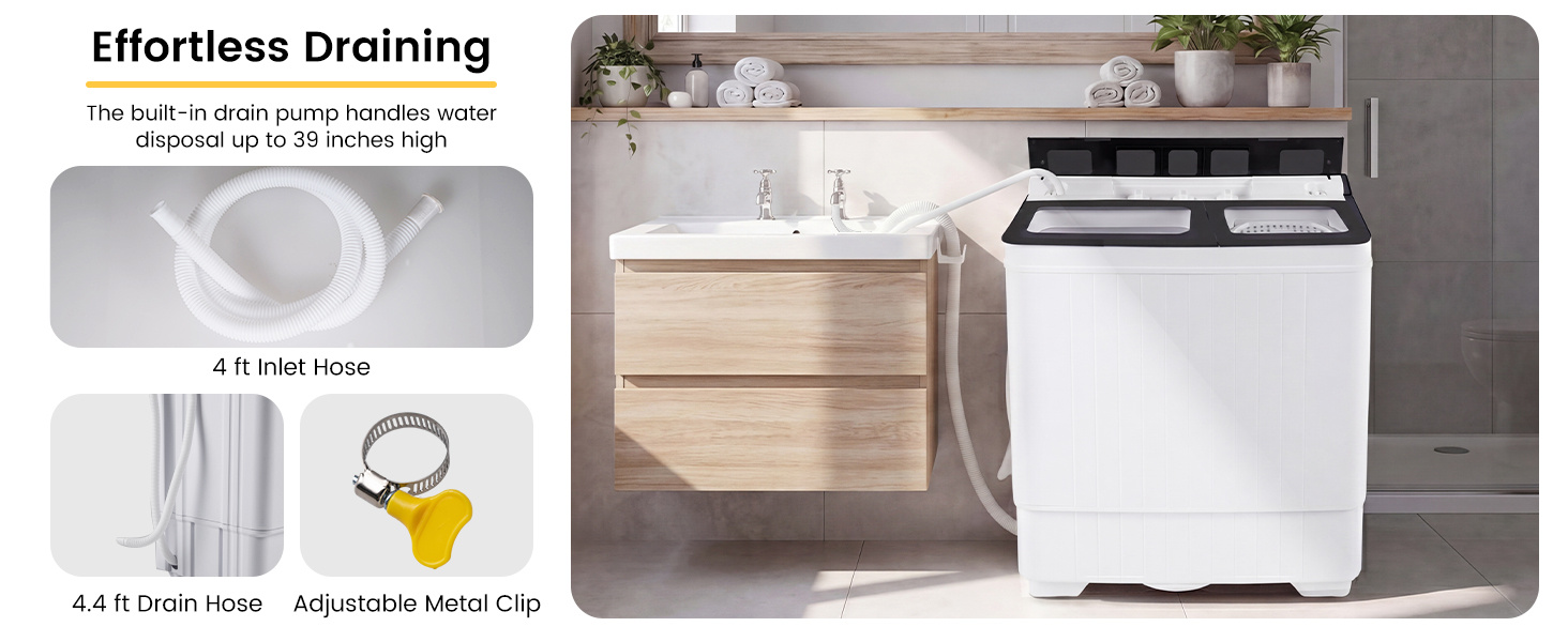 A built‑in drain pump handles water disposal up to 39 inches high with included hoses.