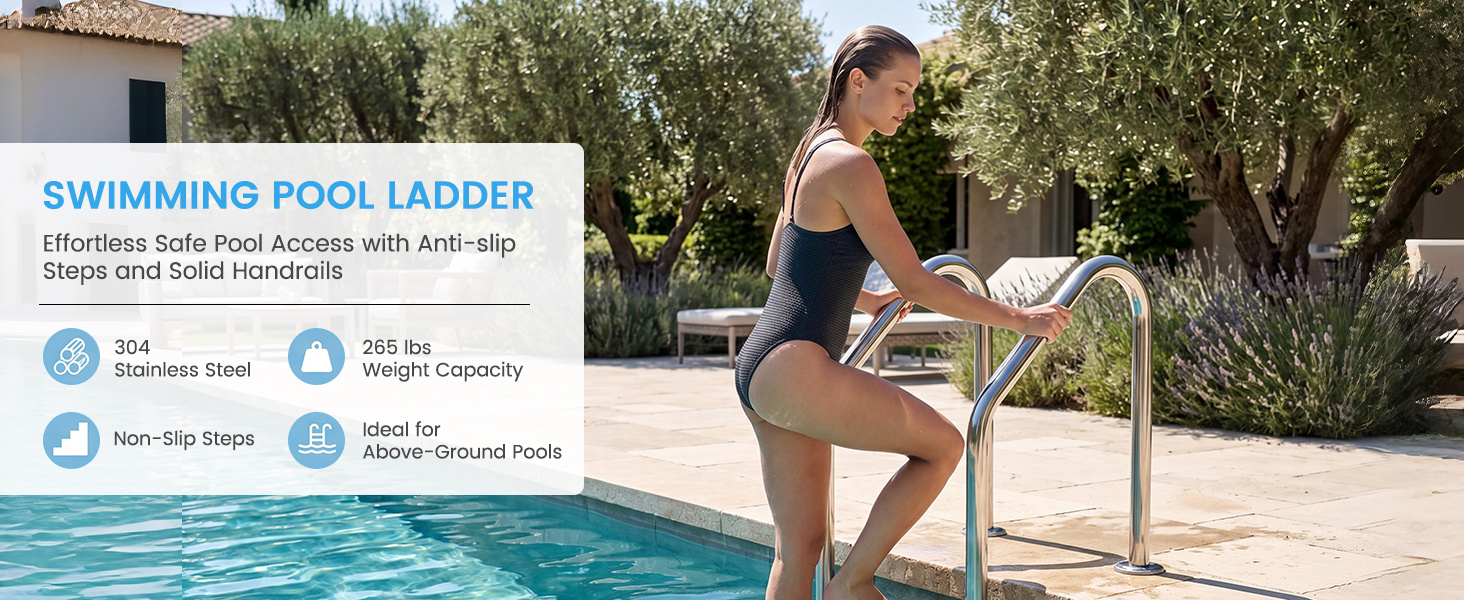 3-Step Stainless Steel Swimming Pool Ladder with Anti-Slip Step