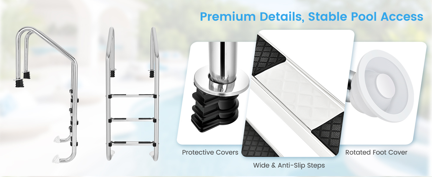 3-Step Stainless Steel Swimming Pool Ladder with Anti-Slip Step