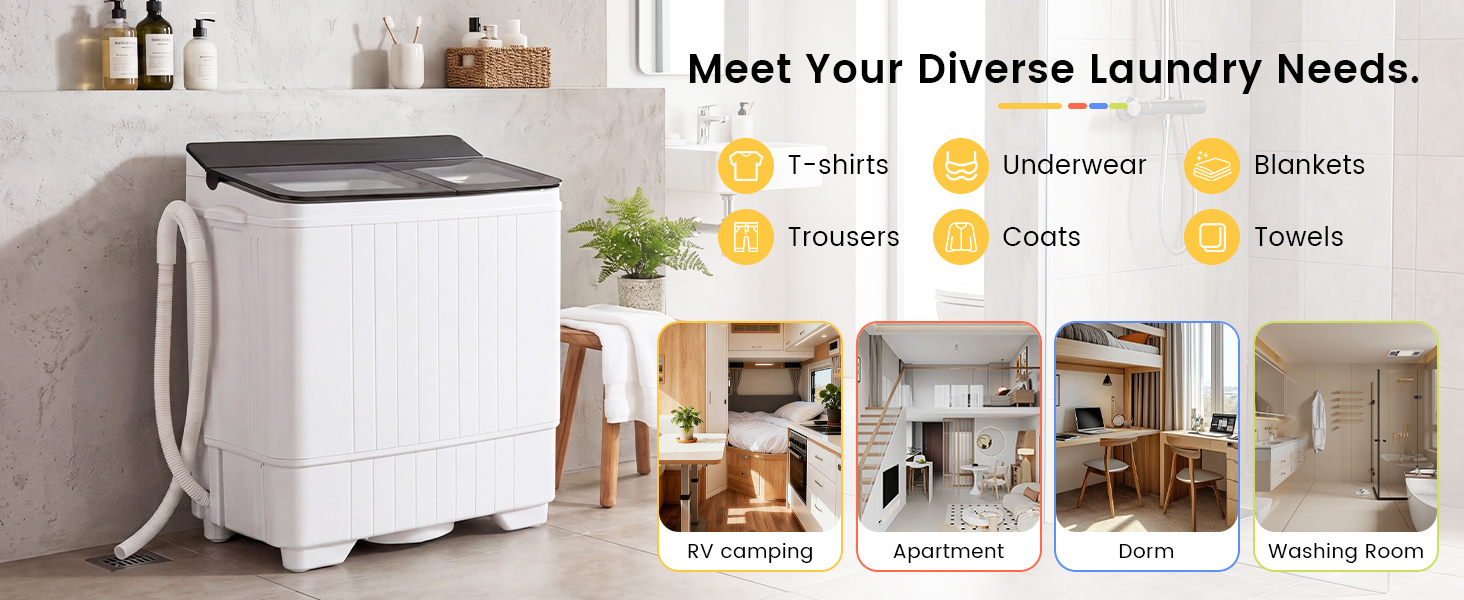 This washer suits diverse items and spaces like dorms, apartments, RVs, and camping.