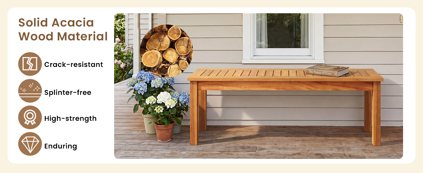Solid Acacia Wood Bench with Crack Resistant Splinter Free Structure