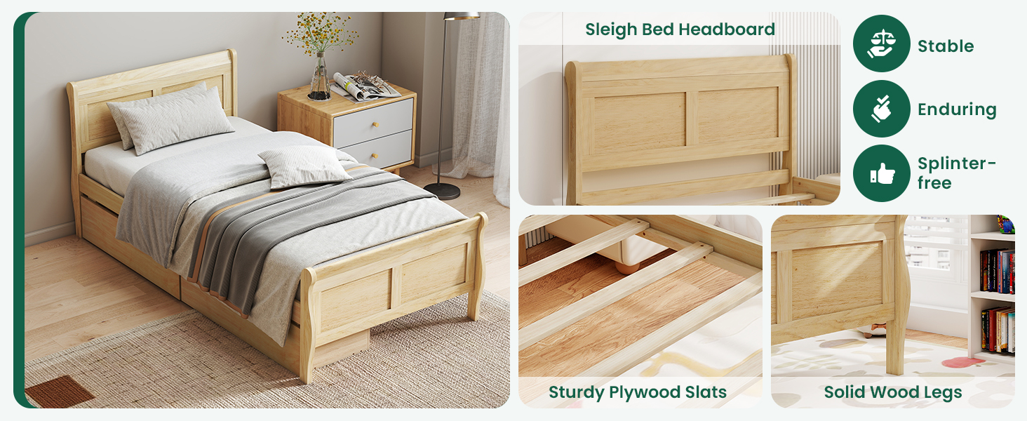 Twin Size Sleigh Bed with 2 Storage Drawers Wood Platform Bed Frame adopts solid wood headboard, slats and legs.