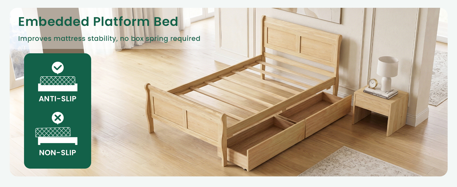 Twin Size Sleigh Bed with 2 Storage Drawers Wood Platform Bed Frame features anti-slip embedded bed base.
****