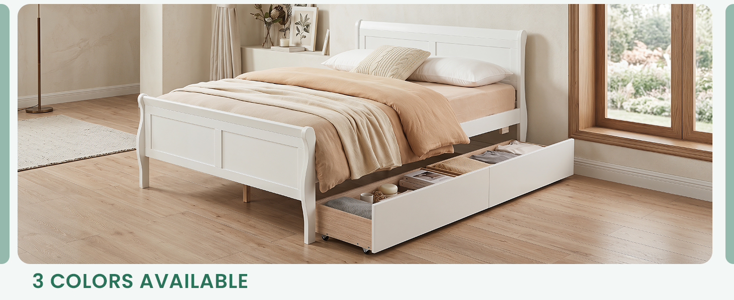 Twin Size Sleigh Bed with 2 Storage Drawers Wood Platform Bed Frame is available in three elegant color options.