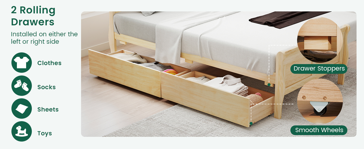 Twin Size Sleigh Bed with 2 Storage Drawers Wood Platform Bed Frame has movable drawers with smooth rolling wheels.