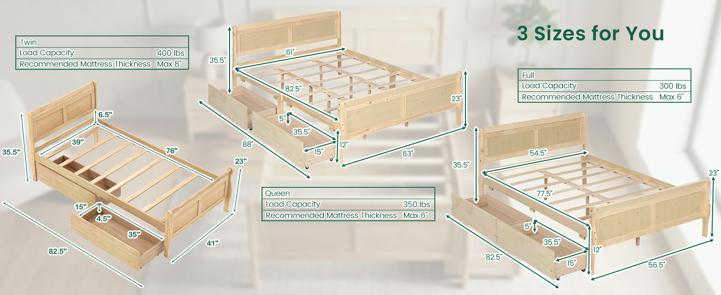 Twin Size Sleigh Bed with 2 Storage Drawers Wood Platform Bed Frame comes in Twin/Full/Queen three standard sizes.