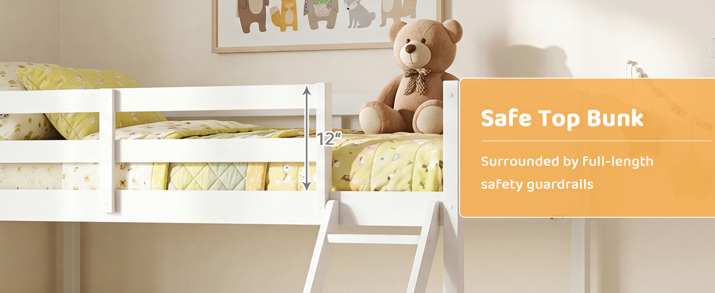 Safe top bunk with 12 inch full length safety guardrails to prevent accidental falls while sleeping